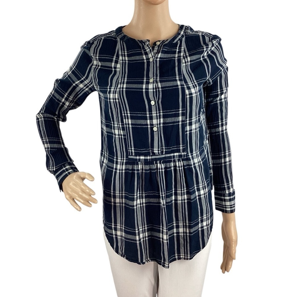 LOFT Navy Plaid Cotton Long Sleeve Tunic Top Size Small